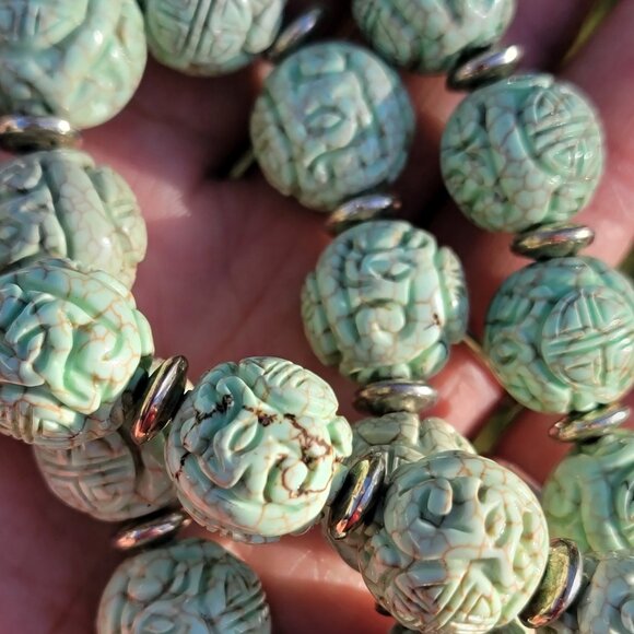 Absolutely stunning RARE Chinese natural green turquoise carved shou beads sterl - Picture 8 of 16